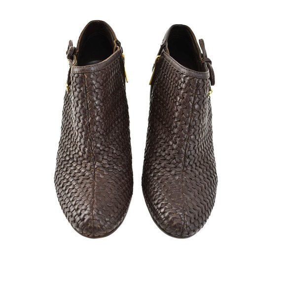 DIOR: Dark Brown Woven Leather & "CD" Logo Booties - Picture 2 of 11